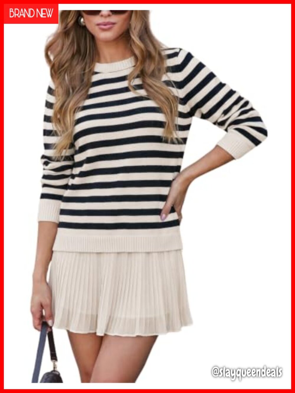 Women Striped Knit Sweater Dress 2-in-1 Pleated Mini Faux Two Piece